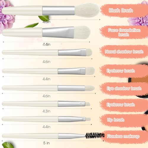 Travel Makeup Brush Set with Bag - 12 Pcs Synthetic Face & Eye Brushes for Women - White