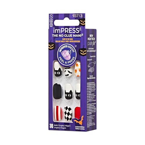 KISS Impress Press-On Manicure Fake Nails, Spooky Fairy - Short Length, Round Shape, Polish-Free Halloween Theme Mani, Includes Prep Pad, Mini File, Manicure Stick, and 30 Fake Nails