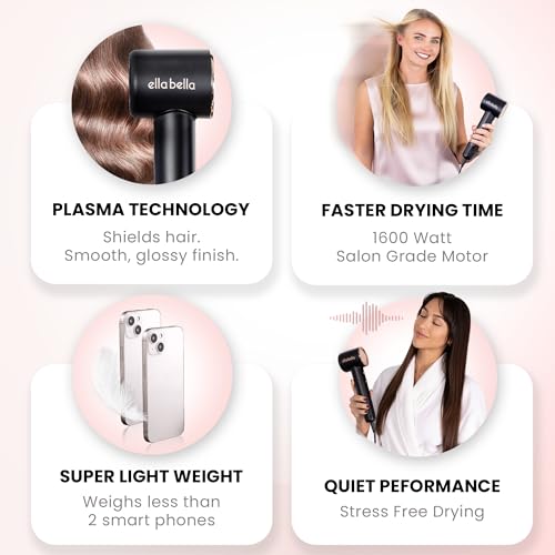 Ella Bella Compact Plasma Hair Dryer Black - Rapid Drying & Quiet Styling