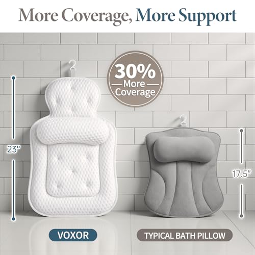 VOXOR White Extra Thick Bath Pillow with 54 Non-Slip Suction Cups - Comfortable Tub Cushion for Head Neck & Back Support