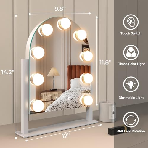 White-Arched Makeup Mirror with Lights, 3 Color Modes, Dimmable, 360° Rotation