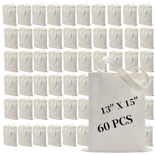 60 Pack Sublimation Canvas Tote Bags 13x15 Inch White Reusable Grocery Bags for DIY Heat Transfer Crafts