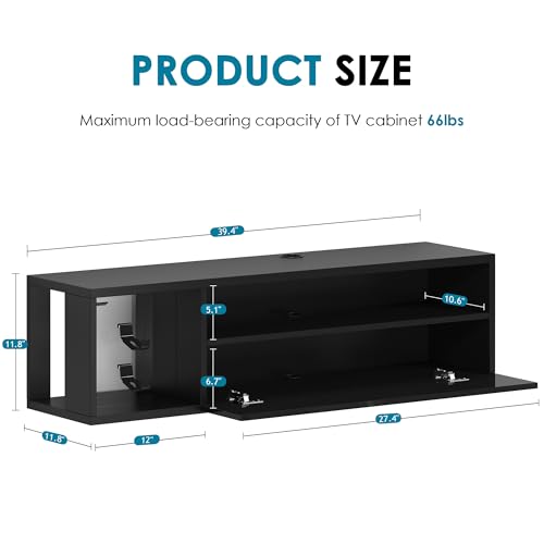 Floating TV Stand with LED Lights - 39.3 Inch Black Wall Mount Entertainment Center