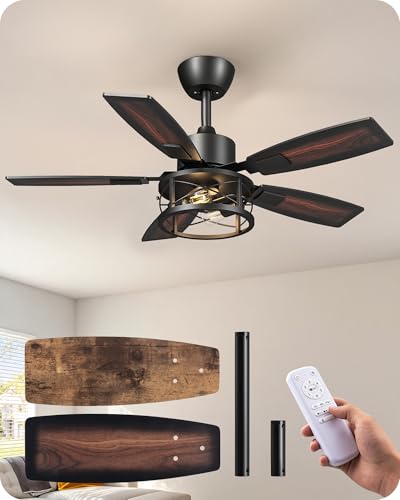 EDISHINE 42-inch Farmhouse Ceiling Fan with Light & Remote, Dimmable & Reversible, Red Gradient Black & Light Oka Variant