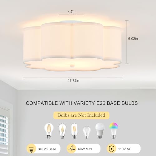 Petal-Shaped White Semi Flush Mount Ceiling Light - 17.7 Inch, Linen Shade