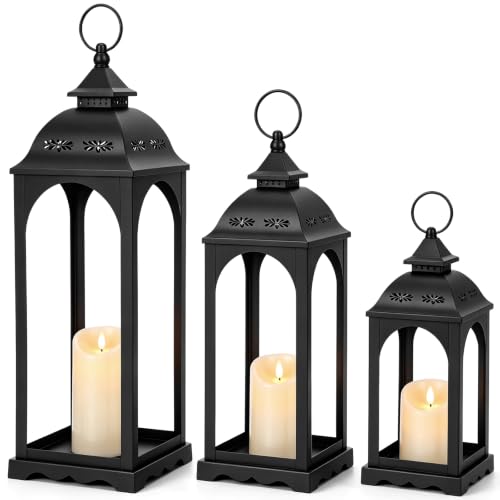 Kittmip 3 Pack Large Black Outdoor Lanterns with Flameless LED Candles - Farmhouse Decor for Porch Patio Fireplace