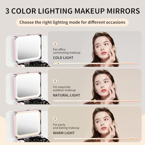 Leeora&Leekoo Pink Makeup Box with Lighted Mirror & Adjustable Dividers Travel Case