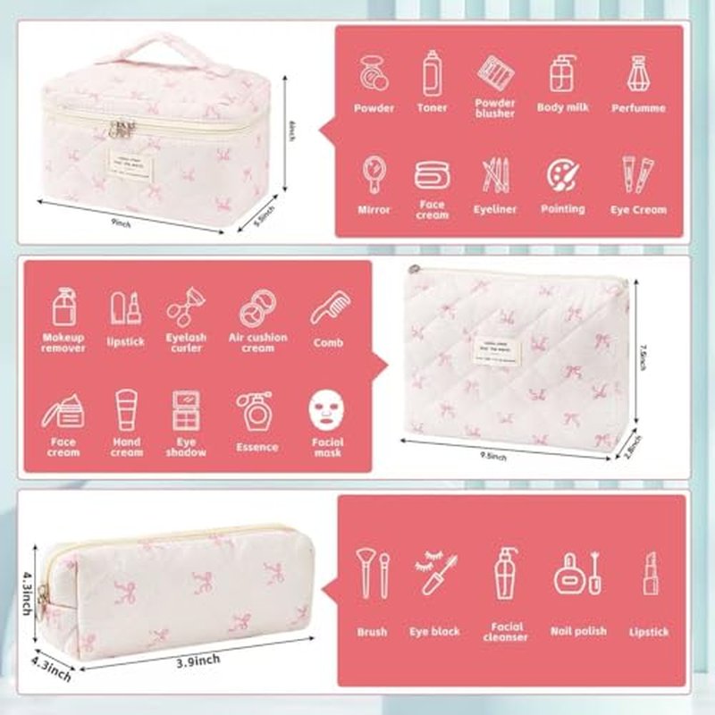 3Pcs Makeup Bag Cute Cosmetic Bags for Women, Large Capacity Travel Quilted Makeup Bag Set,Cotton Floral Makeup Pouch, Coquette Puffy Toiletry Bag,Attractive Quilted Pouch (Pink bow)
