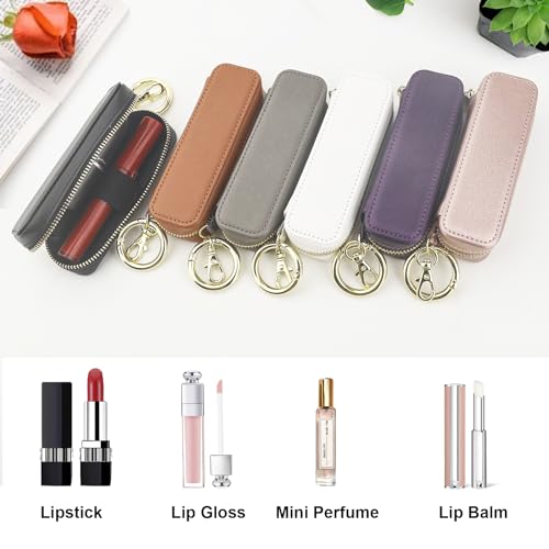 Leather Lipstick Holder Keychain Pouch - White Travel Makeup Organizer