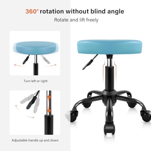 KKTONER Round Rolling Stool Height Adjustable Stool PU Leather Chair with Wheels Salon Spa Drafting stools Small Sky Blue