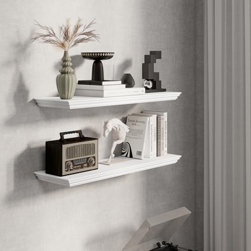 White 32-Inch Set of 2 Floating Shelves with Crown Molding - Rustic Wall Decor