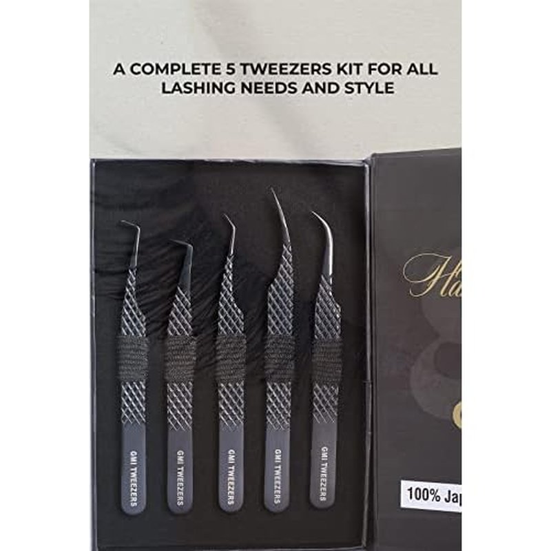 GMI Lash Tweezers - Set of 5 Eyelash Tweezers- Stainless Steel Eyelash Extension Tweezers - Multipurpose Lash Tweezers T2233 Tweezer