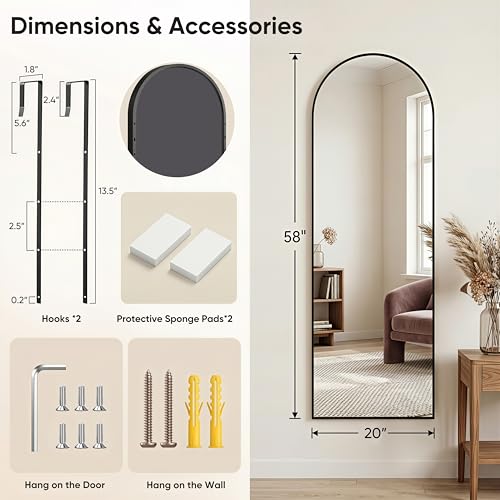 58x20 Inch Over-the-Door Arched Full Length Mirror - Black, Adjustable Hooks