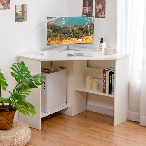 White Compact Corner Desk 33.5 x 33.5 Inches Space-Saving Study Table
