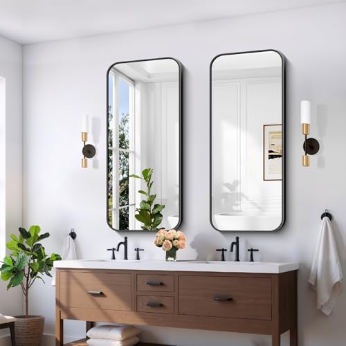 Black Bathroom Mirror 20x48 Inches Rectangle Wall Mount with Aluminum Frame – Rounded Corner Design