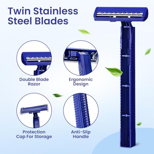 Twin Blade Disposable Razors ? 12 Pack, Individually Wrapped with Safety Caps, Stainless Steel Blades for Men & Women, Ideal for Travel, Hotels, Shelters & Hygiene Kits