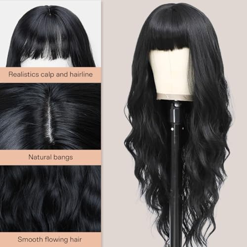 Black Wavy Wig with Bangs - 26 Inch Long Synthetic Hair for Women - Variation: Black / 26 Inch