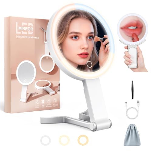 HUNCAB White 15X/1X Double Sided Travel Makeup Mirror with Lights