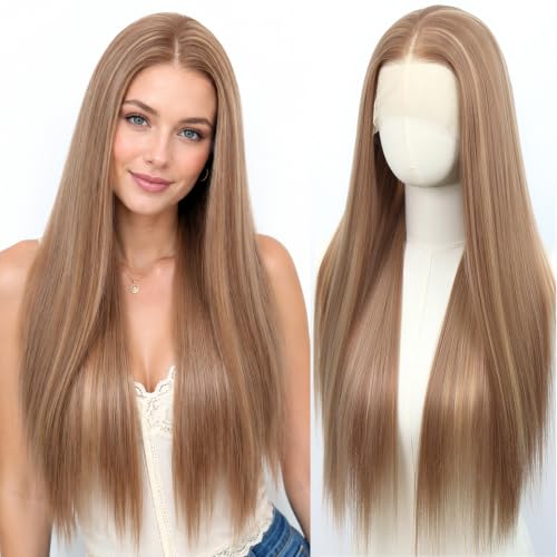 26-Inch Synthetic Lace Front Wig for Women - Ash Brown Blonde Highlights - Variation: Ash Brown Bleach Blonde Highlighted