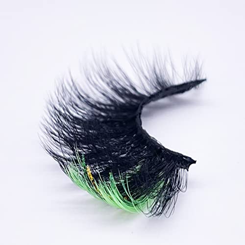 Black False Eyelashes with Green Glitter, 1 Pair Eye Lash Strip Color on the End Highlight, Fairy Black and Green Faux Mink Eyelash for Rave Party