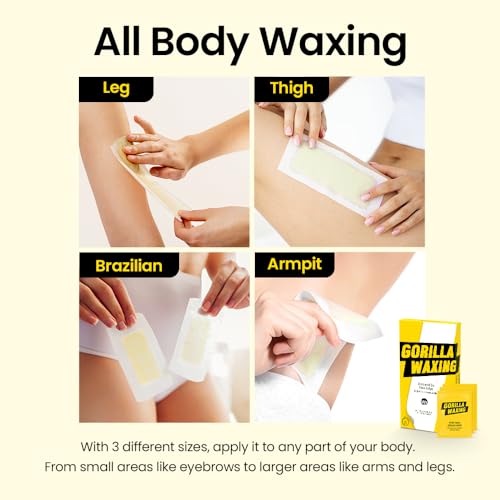Gorilla Waxing Korean Strip & Go Wax Strips Kit, 50 Multi-Size Sugaring Wax Strips + Calming Serum Wipes, Ready-to-Use Hair Removal for Face & Body, Suitable for Sensitive Skin, Korean Skin Care, MEGA