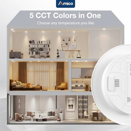 Amico 6 Inch Recessed LED Can Lights 5/6 Inch, 24 Pack, 5 CCT Flat Lights, White