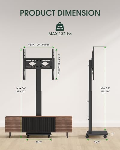 Black Portable Rolling TV Stand for 32-65 Inch Screens - Adjustable Height