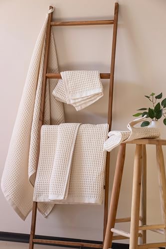 Püskül Natural Beige Turkish Cotton Waffle Towels Set of 4 - Undyed & Organic