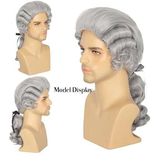 Silver Grey Colonial Wigs for Men Long Curly Cosplay Halloween Costume