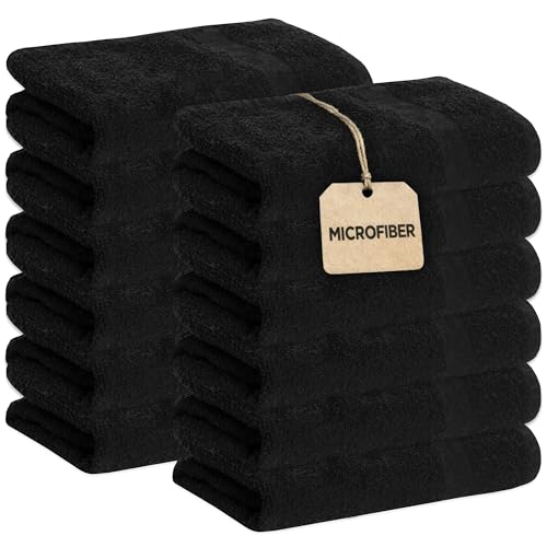Microfiber Bleach-Proof Towel Set - Black, 12 Pack, 16x27 Inches, Salon & Gym Use