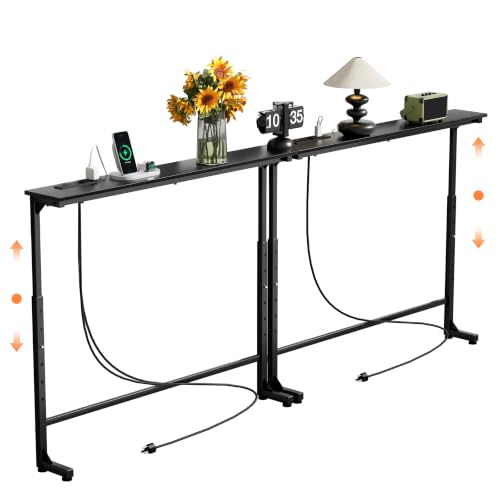 Black Adjustable Height Narrow Console Table with Power Outlets - 90 Inch Sofa Entryway Table