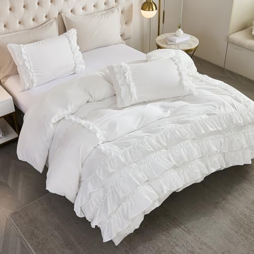 Herside White Queen Comforter Set with Ruffle Design - All Season 3-Piece Bedding