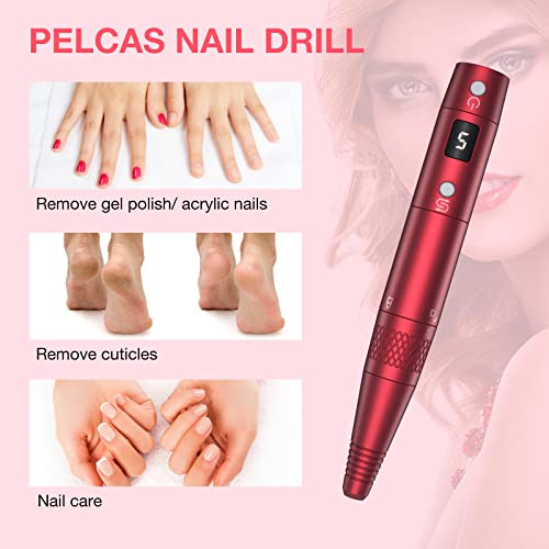PELCAS Electric Nail Drill, Cordless LCD Nail File Kit 5 Adjustable Speeds 20000RPM Drill Nails Machine for Acrylic, Gel Nail, Manicure Pedicure Grinder Tool