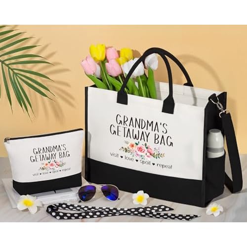Best Grandma Gifts, Christmas Gifts for Grandma from Granddaughter Grandchildren Grandkids, Nana Birthday Gift Grandmother Canvas Tote Bag Makeup Bag Set for Gigi Unique Grandmother New Granny Gift