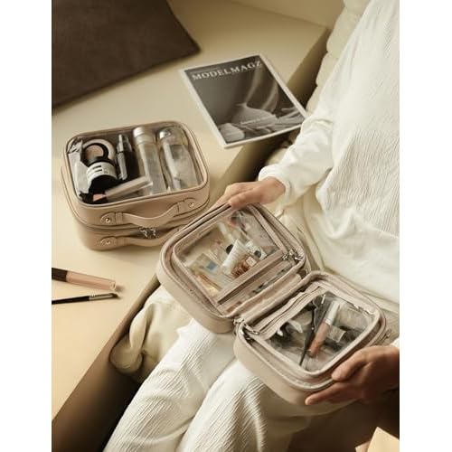 Clear Cosmetic Bag Double Layer 4 Compartments Travel Toiletry Bag Clear Makeup Bag Case with Zipper Transparent Travel Bag for Toiletries, Gift for Women Girls (Taupe, Small)