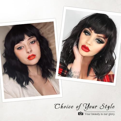 AISI HAIR Black Curly Bob Wig with Bangs, Synthetic Short Hair Extension