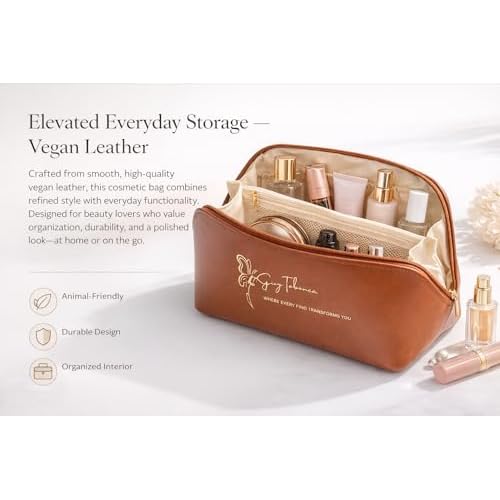 Travel Makeup Bag for Women ? Structured Vegan Leather Cosmetic Organizer with Compartments, Waterproof Toiletry Bag, Carry-On Friendly, Gift-Ready