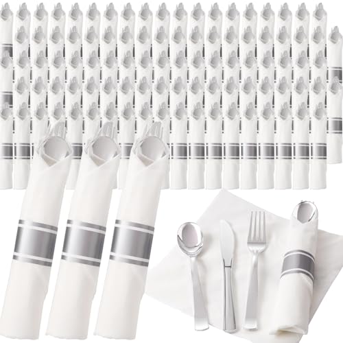 200 Pack Silver Disposable Cutlery Set with Napkins - Heavy Duty, Wedding & Party Utensils - Joyido