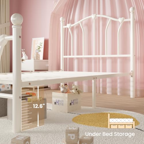 Twin Metal Bed Frame with Heart-Shaped Design - Cream White, Includes Storage and Noise Reduction - SHA CERLIN