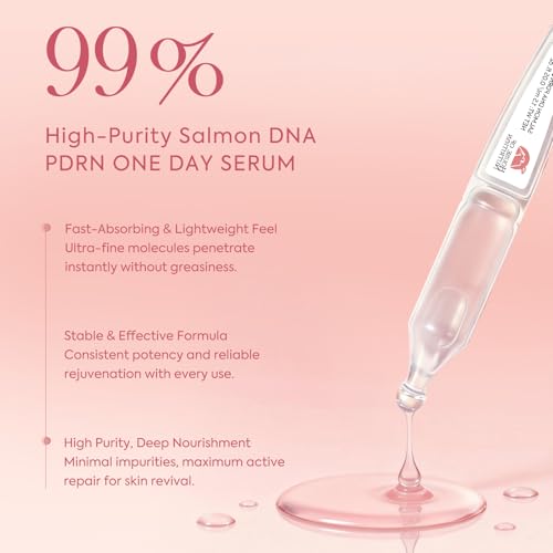 Salmon DNA Serum, 99% PDRN High-Purity Ampoule, Anti-Aging One Day Serum with Recombinant Collagen & Glutathione, Korean Skincare for Wrinkles, Deep Hydration, Firming, Glass Skin, 0.05 fl.oz x 30e