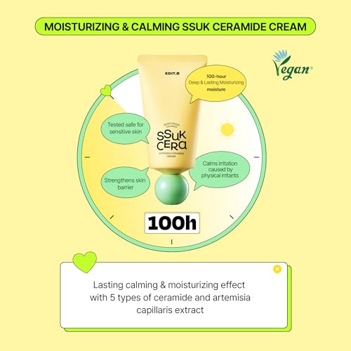 Moisturizing & Calming Ssuk Artemisia Ceramide Cream, Long-Lasting Hydration & Barrier Support Facial Cream for Sensitive Skin, Soothing & Relief, Korean Daily Skin Care 3.38 fl.oz (100ml)