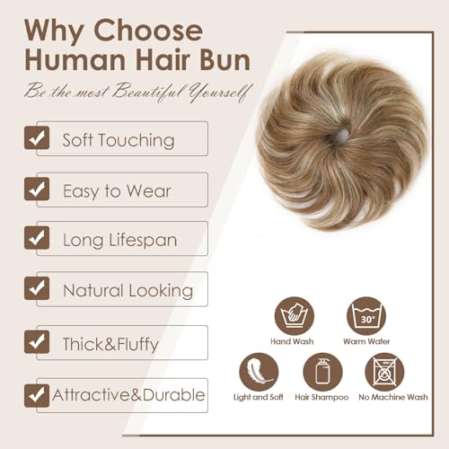 KISANOF 2 Pack Human Hair Messy Bun Hair Piece Honey Brown Highlighted with Elastic Band - Salon Quality