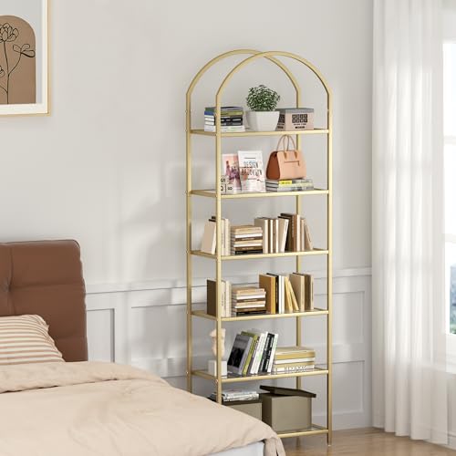 Tall Gold Bookshelf with Glass Shelves - 6 Tiers, Arched Design, 73.6"H