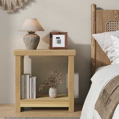 Natural End Tables Set of 2 - Narrow Side Tables with Storage Shelves