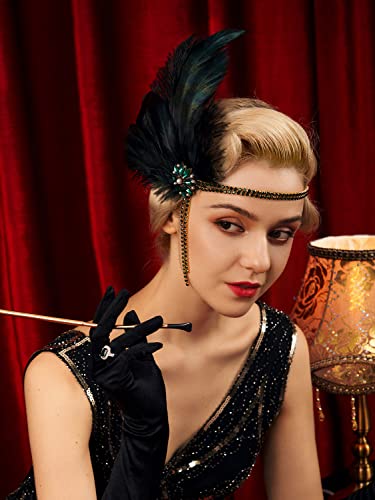 Green 1920s Flapper Headpiece Rhinestone Pearl Feather Headband for Gatsby Party