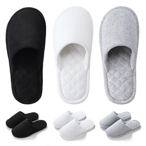 Biroris 3 Pairs Closed-Toe Cotton Terry Indoor Slippers for Women & Men, Black, Gray, White, Foldable & Washable, Travel & Guest Use