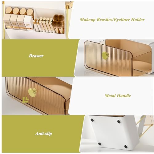 FOLLOWIN Amber 3-Tier Makeup Organizer with Drawer for Vanity & Bathroom