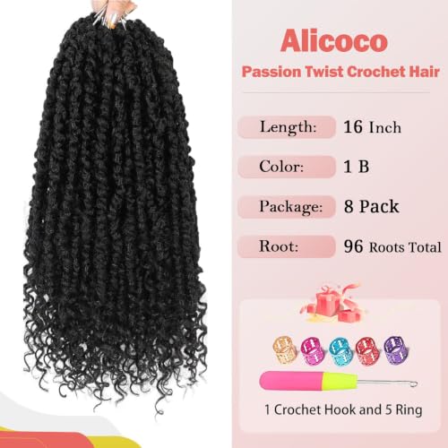 Alicoco Passion Twist Crochet Hair Pre-Looped 16 Inch - 8 Packs, 1B Color