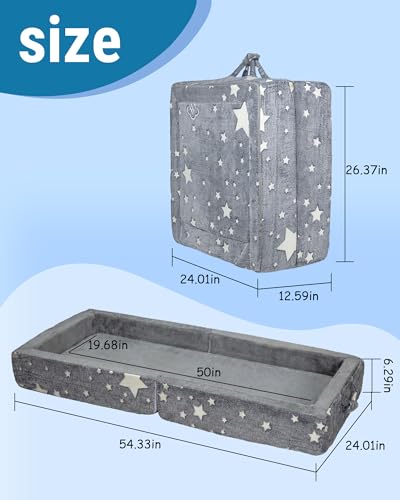 Glow-in-the-Dark Toddler Floor Bed - Foldable Travel Bed with Safety Rails, Gray