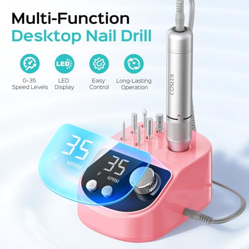 COSLUS E50 Professional Electric Nail Drill: Upgraded Steady Power with LED Display for Acrylics, Gel, Natural Nails - Easy to Use for Women, Nail Art Practice, Desktop Nail File at Home DIY or Salon